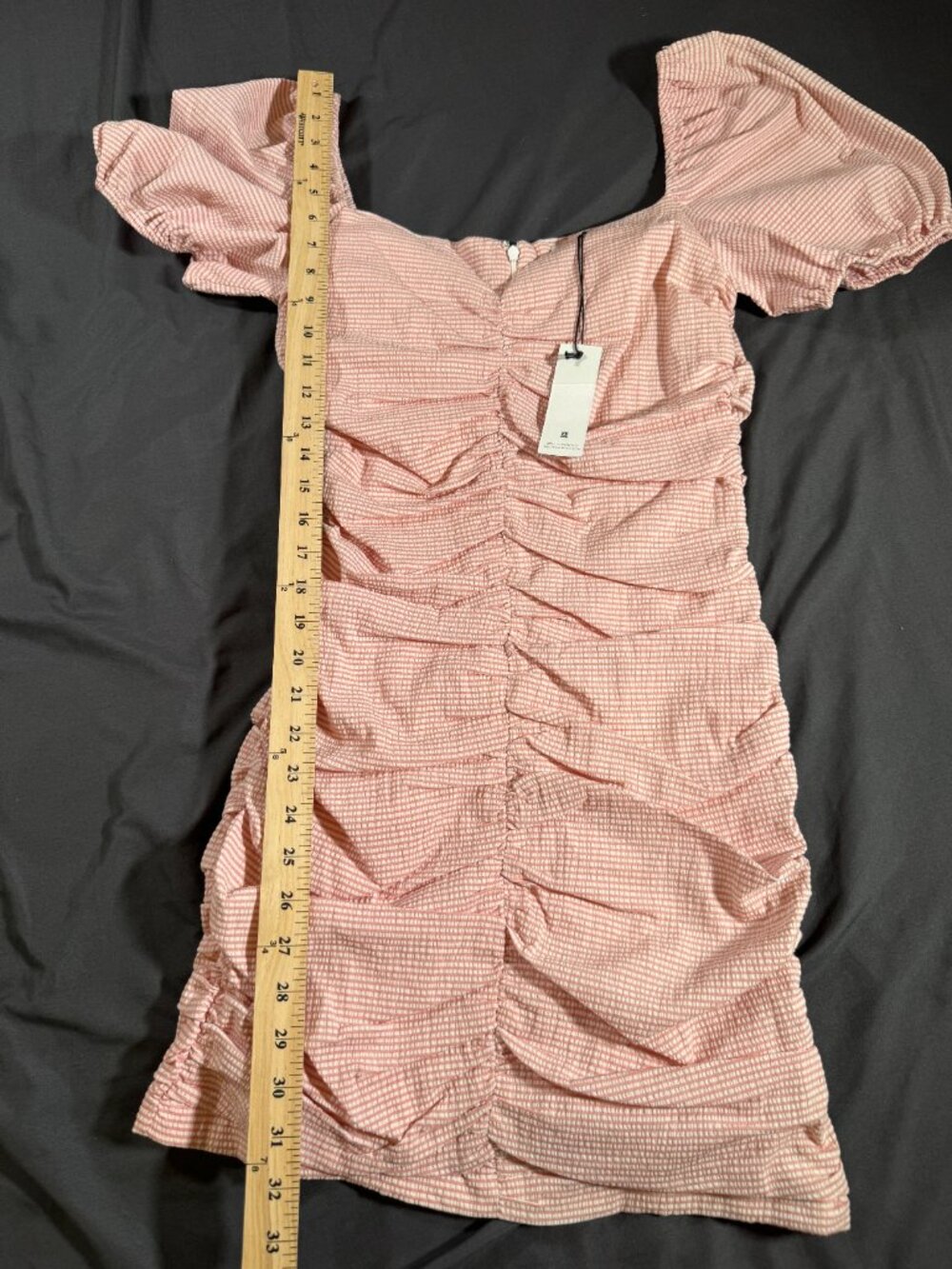 Willow & Clay Pink Seersucker Ruched Puff Sleeve Bodycon Mini Dress Womens M NWT - Picture 7 of 10